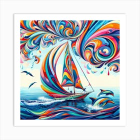 Sailboat With Dolphins 1 Art Print