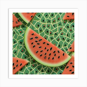 Watermelon Slices On Green Background 1 Art Print