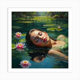 A gracefully floating water nymph, her delicate form surrounded by a tranquil garden of ethereal water blossoms. The petals of these flowers convey a range of emotions, shifting gently with the breeze that ripples through the crystal clear water. The aquatic stems showcase a vibrant array of colors, dazzling the eyes with their beauty. This captivating scene is depicted in a stunningly detailed painting, where every aspect is brought to life with rich and vibrant hues against green surroundings, crossing reality and illusion, highly detailed, cinematic scene, dramatic lighting, ultra realistic 3 Art Print