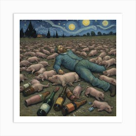 Pigs In The Field A Cigarette’s Glow Amid Pig-Driven Chaos Art Print