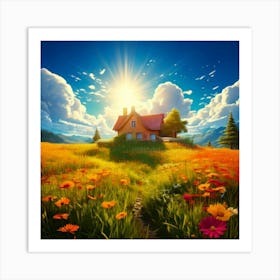 Firefly House, Sun, Cloud, Flower, Meadow, Nature, Landscape, Serene, Bright, Cheerful, Picturesque, Art Print