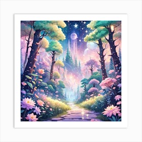 A Fantasy Forest With Twinkling Stars In Pastel Tone Square Composition 78 Art Print