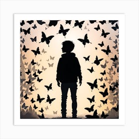 Silhouette Of A Boy With Butterflies Art Print