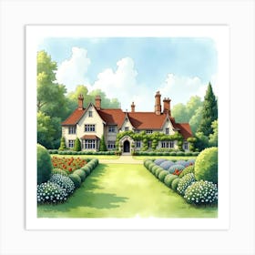 An English Countryside Manor With Lush Green Lawns And Ornamental Gardens, Watercolor 1 Art Print