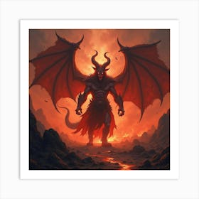 Demon Lord In A Hellish Landscape, Vibrant Fire Magic 1 Art Print