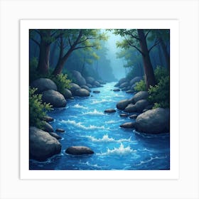 Mystical Watercolor River With Glowing Stones 1 Art Print