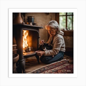Old Woman With Cat By The Fire Art Print