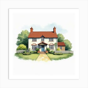 A Classic English Family Home With A Neat Garden And Picket Fence, Watercolor Art Print