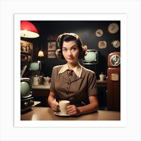 Retro Woman With Cup Of Coffee Art Print