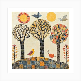 Folk Art Style Mosaic Trees 9 Art Print