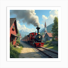 Majestic Steam Engine Steaming Through A Colorful Village 1 Art Print