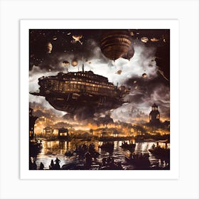 The Ark 1842. Ship. Airship. Steampunk. Night. Anthotype. Cloisonnism. River. City at night. Glow. Space ship. Science Fiction. Alternative history. Art Print