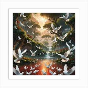 Doves In The Forest Art Print