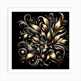 Gold Floral Design On Black Background 1 Art Print