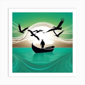 The Fisherman, Turquoise, Green and Beige Art Print