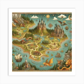 Charming Illustrated Map Of Imaginary Lands With Whimsical Creatures And Landmarks, Style Illustrated Map Art 3 Art Print
