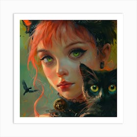 Girl With Cat Art Print