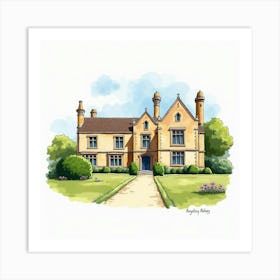 Watercolor Illustration Of The Anglesey Abbey In Cambridgeshire, Showcasing Its Historic Design And Beautiful Grounds Art Print