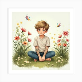 Justin Bieber In A Peaceful Watercolor Garden, Surrounded By Flowers Art Print