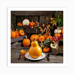 An Autumnal Photography Arrangement Depicting A Vibrant Orange Gourd Amidst A Thanksgiving Meal Sett (1) Art Print