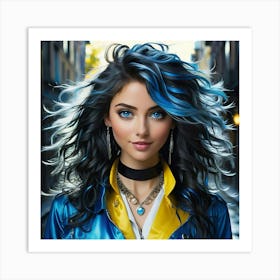 Masterpiece A Captivating Portrait Of A Young Woman With Long Flowing And Messy Blue Streaked H (2) Art Print