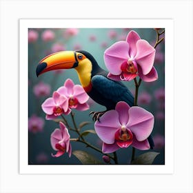 A Colorful Toucan Perched On A Giant Orchid, Surrounded By Surreal Floating Flowers Art Print