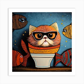 Cat With Fishes 16 Art Print