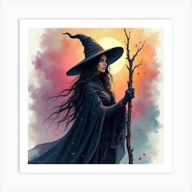 Black Magic Sorceress With A Colorful Watercolor Backdrop 1 Art Print