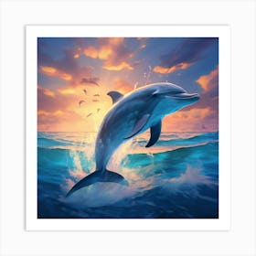 Dolphins Leaping Out Of The Pale Blue Ocean Art Print