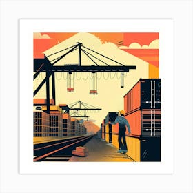 Illustration Of A Worker At A Shipping Terminal Art Print