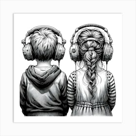 Two Kids Listening To Music Art Print