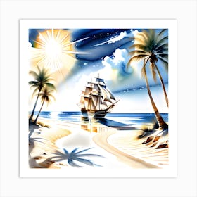 A Watercolor Painting Of A Beach Populated With Palm Trees Casting Elongated Shadows Art Print