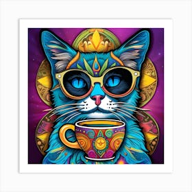 Cat With A Cup Of Coffee Whimsical Psychedelic Bohemian Enlightenment Print 7 Art Print
