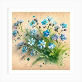 Watercolor Of Blue Flowers Art Print