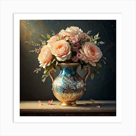 Firefly Vase, Roses, Peonies, Digital Art, Soft Lighting, Rich Colors, Floral Patterns, Intricate De (10) Art Print