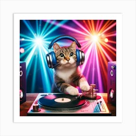 Create A Painted Image Of A Cat Wearing Headphones And Playing A Dj Set On Turntables, With Colorful Lights In The Background Art Print