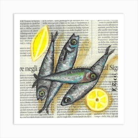 Sardine Fish Anchovies On Italian Newspaper Coastal Ocean Minimalist From Original Oil Painting Art Print