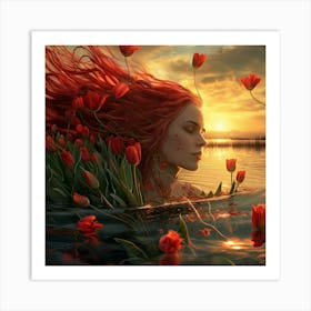 Tulip Woman In Sunset Pond 2 Art Print