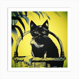 Cat Sat In A Basket Yellow Art Print