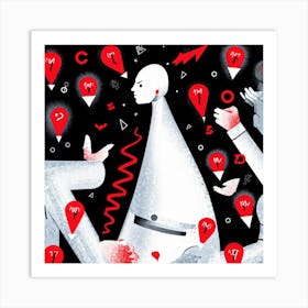 Abstract Illustration Of A Human Figure Pondering In A Sea Of White With Vivid Red Caution Signs Ch (6) Art Print