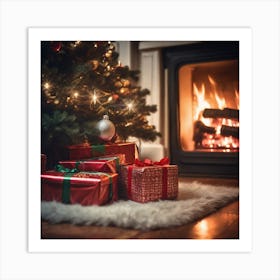 Christmas Presents Under Christmas Tree At Home Next To Fireplace Haze Ultra Detailed Film Photog (13) Art Print
