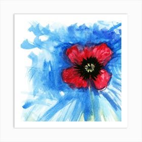 Red Poppy On Blue - watercolor square hand painted flower floral living room kitchen dining Art Print