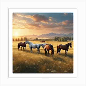 Horses In The Meadow At Sunset Art Print