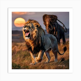 Lion And Elephant Art Print