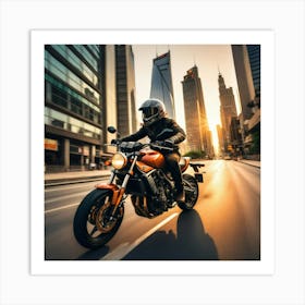 Motorbike Motorcycle Driver Steering Wheel Handlebar City Urban Sunset Riding Road Street (11) Art Print