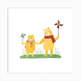 Bears With Little Windmills Square Art Print