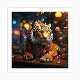 Tiger With Flowers Art Print