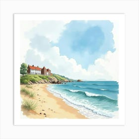 Breezy Day At An English Seaside Resort, Watercolor With Gentle Waves 1 Art Print