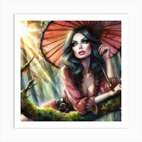 Asian Girl With Umbrella Art Print