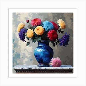 Traditional Still Life with Colourful Chrysanthemums Art Print